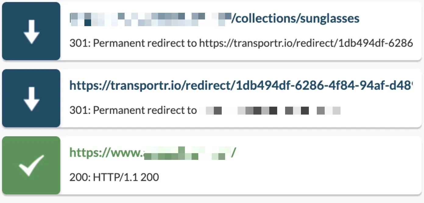 Redirect chain where a sunglasses collection URL redirects to transportr.io, then back to the site’s home page