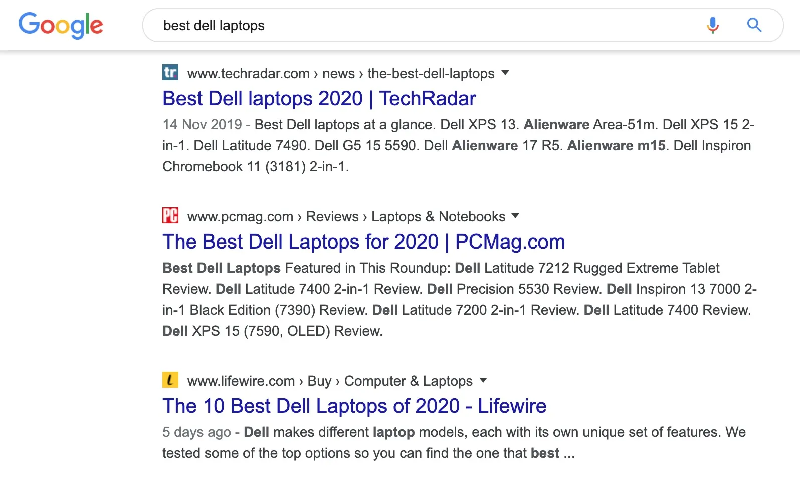 SERP for 'best dell laptops'
