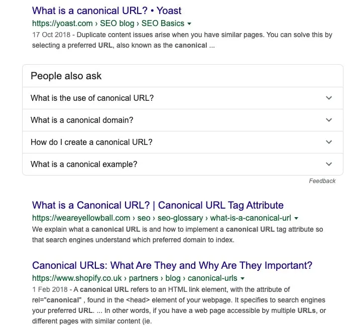 Google results for a canonical URL query: Yoast, Yellowball and Shopify articles all about canonical URLs, plus a People also ask box