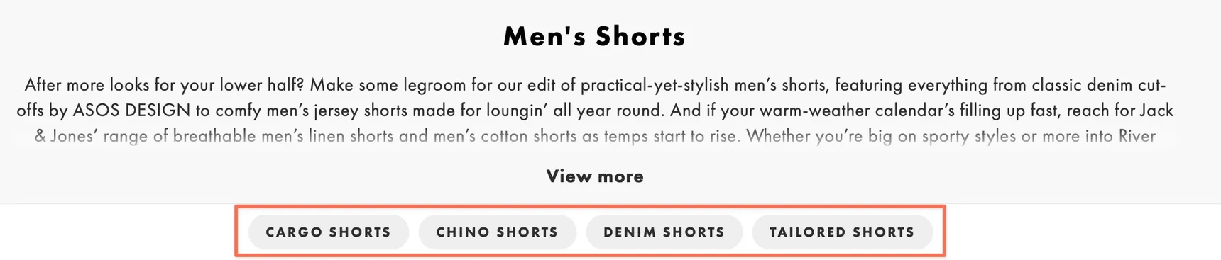 ASOS Men’s Shorts page with links to cargo, chino, denim and tailored shorts highlighted below the intro