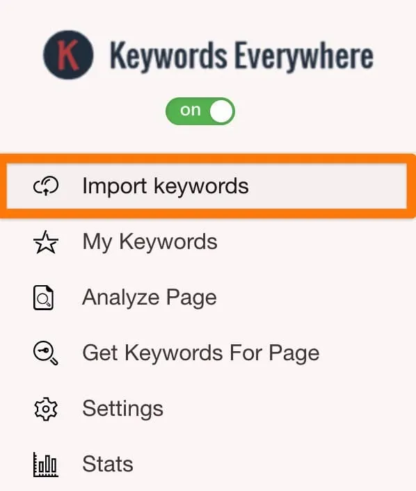 Keywords Everywhere extension menu with the Import keywords option highlighted