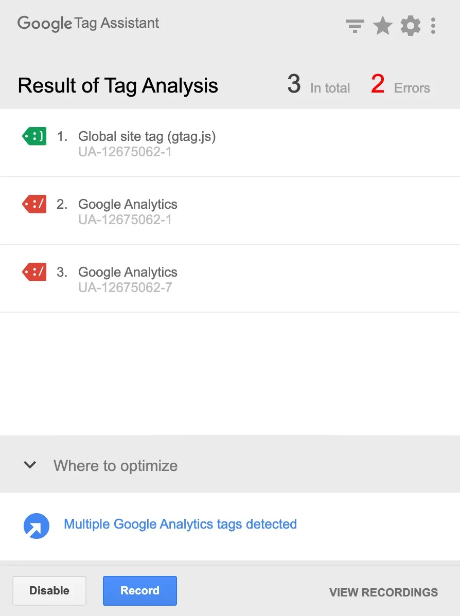 Google Tag Assistant result with 3 tags and 2 errors, flagging that multiple Google Analytics tags were detected
