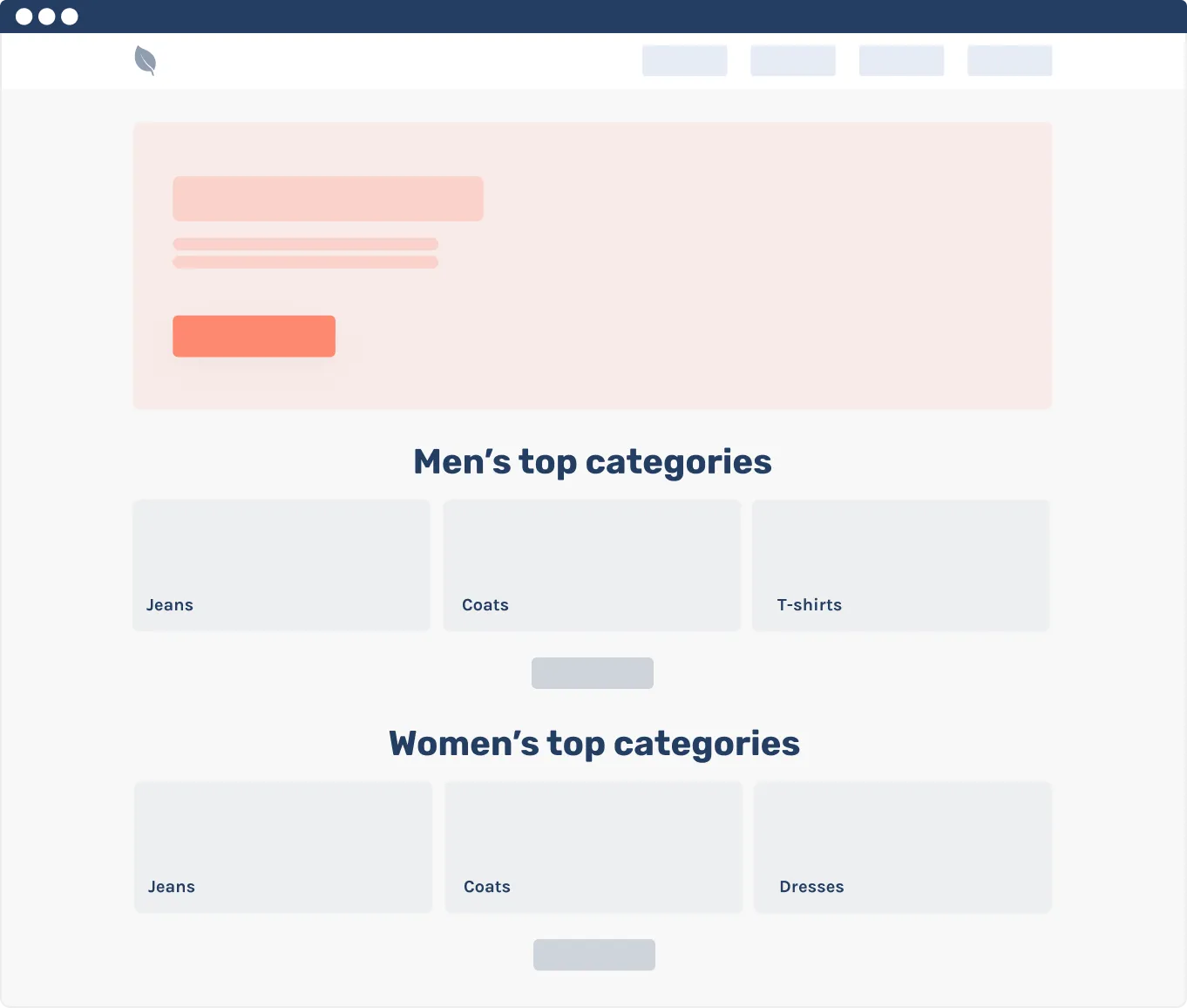 Home page wireframe with grids of links to men’s and women’s top categories, such as jeans, coats, T-shirts and dresses