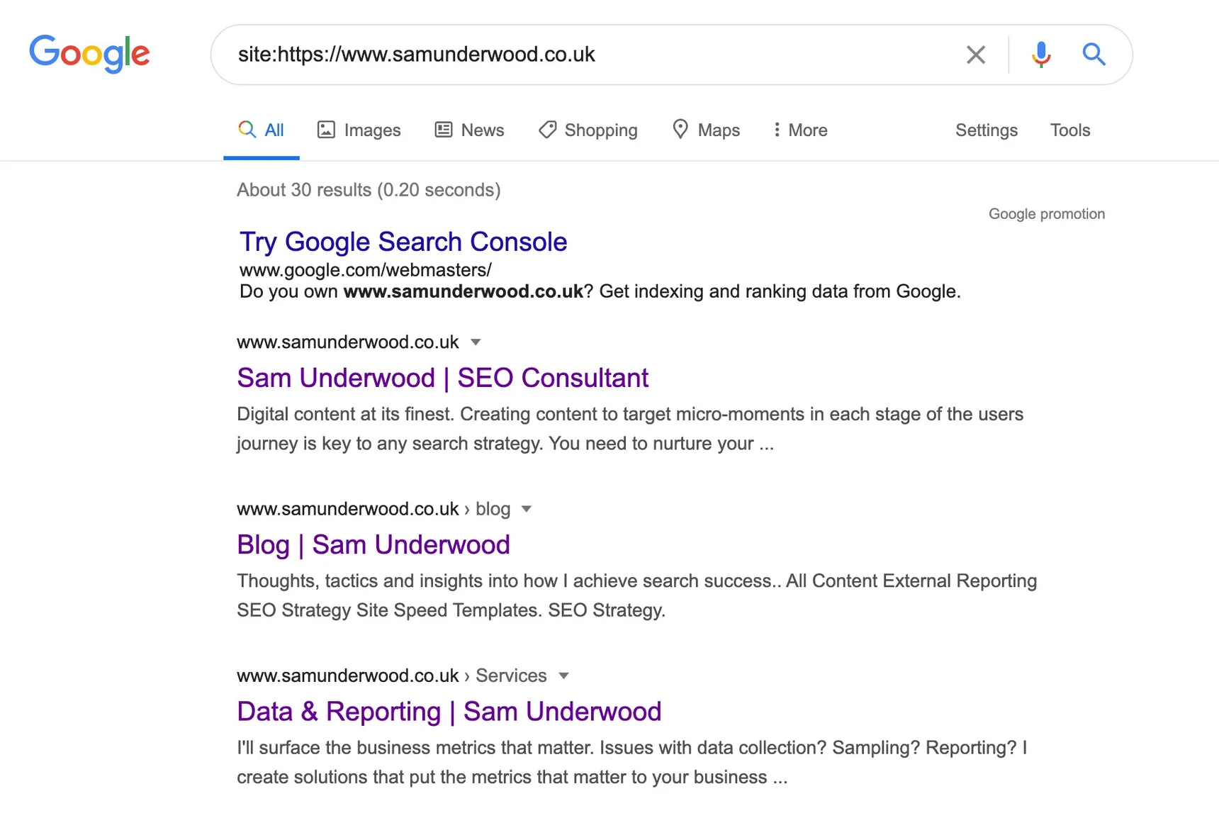 Google results for a site: search on samunderwood.co.uk, showing about 30 indexed pages including the homepage and blog