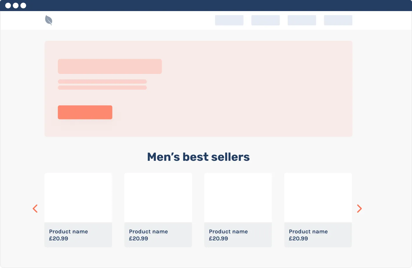 Home page wireframe with a men’s best sellers carousel linking directly to product pages