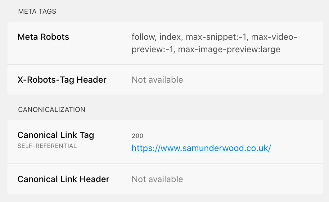 SEO Peek extension showing meta robots set to index, follow, no X-Robots-Tag header and a self-referencing canonical tag