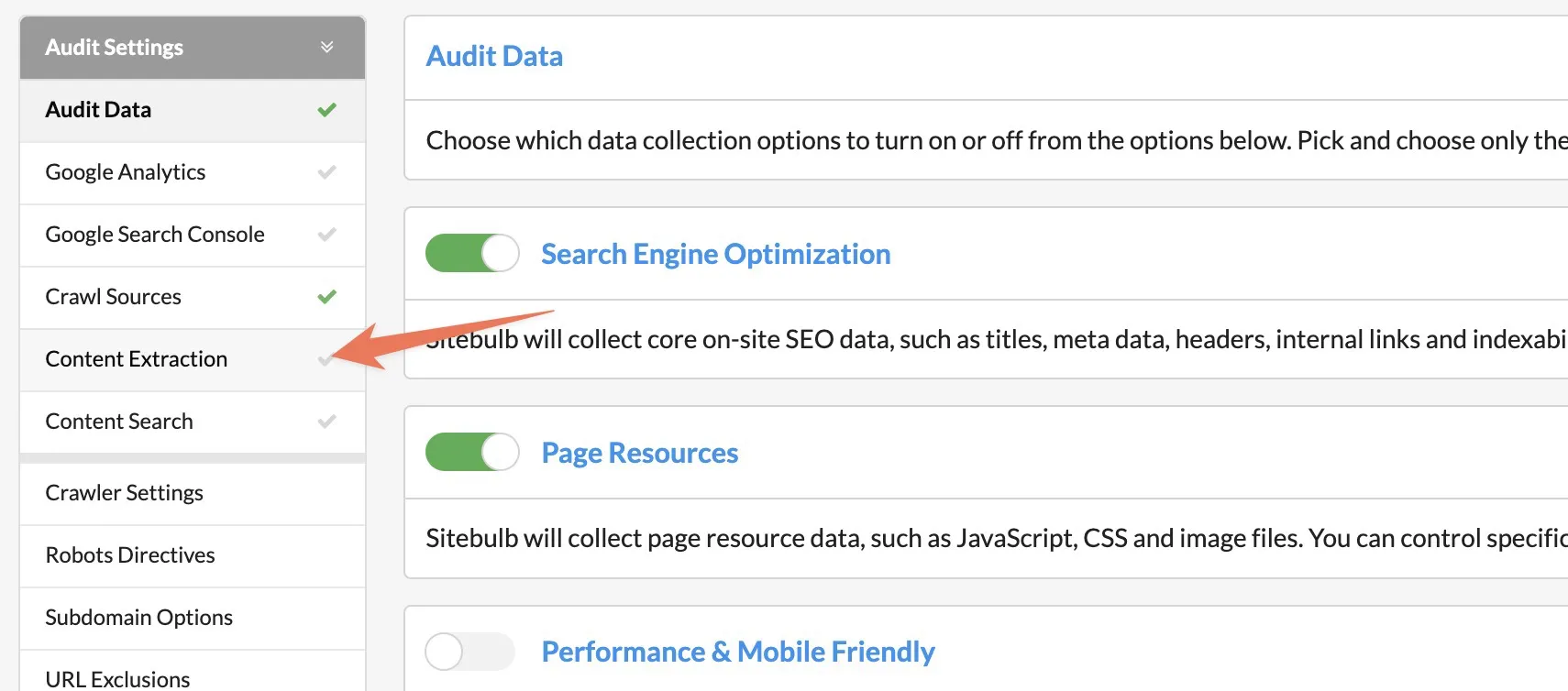 Sitebulb audit settings sidebar with an arrow pointing to Content Extraction
