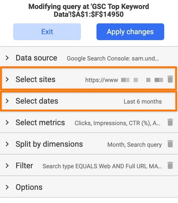 Supermetrics sidebar site/date options