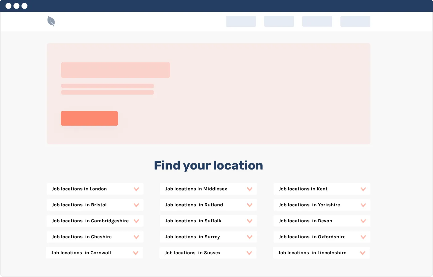Wireframe of a ‘Find your location’ section with a grid of expandable links to job locations in counties and cities