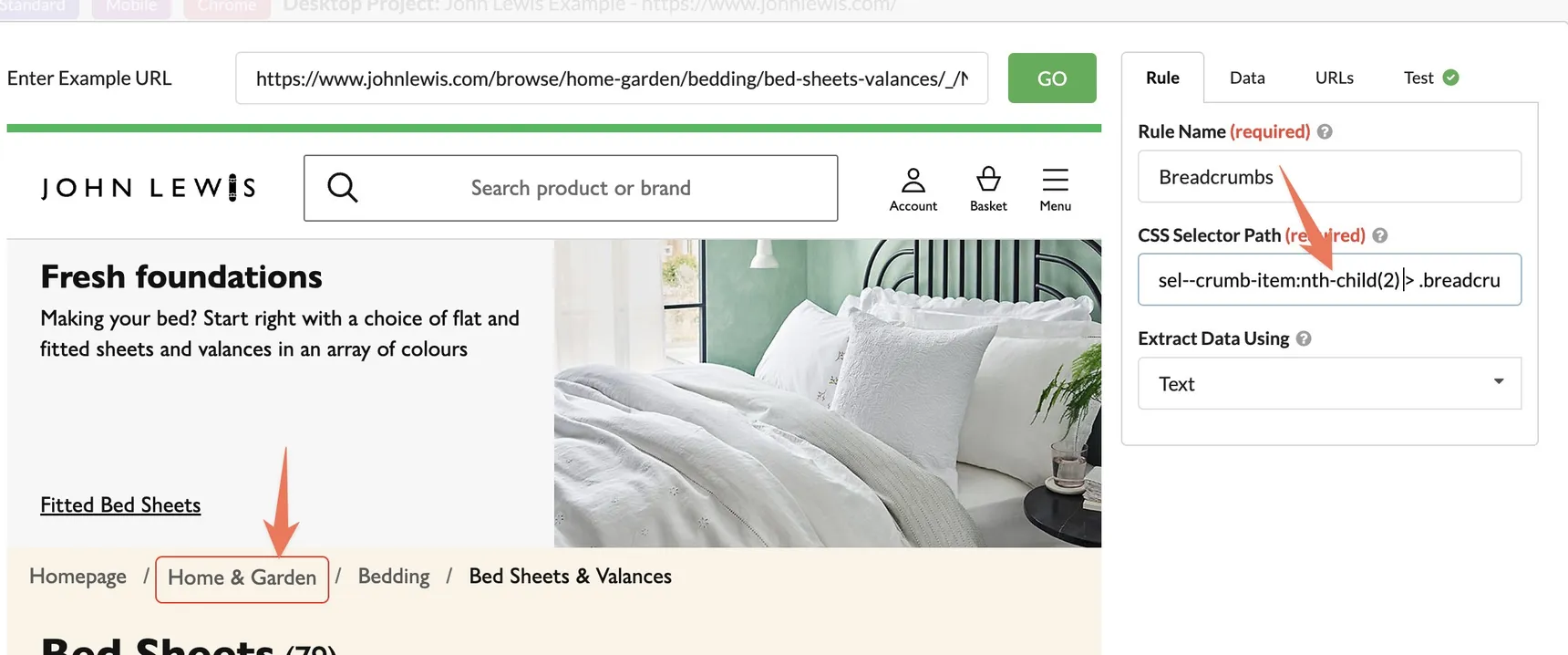 Sitebulb content extraction preview of a John Lewis page where only the Home and Garden breadcrumb is selected by an nth-child CSS selector
