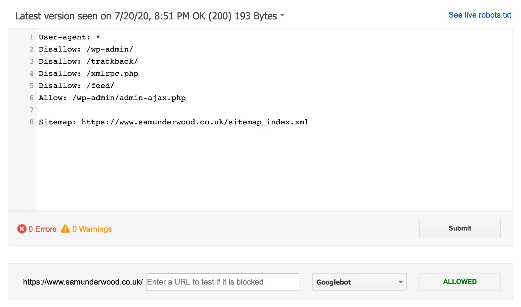 Search Console robots.txt tester showing a WordPress robots.txt with 0 errors and the homepage marked as allowed for Googlebot