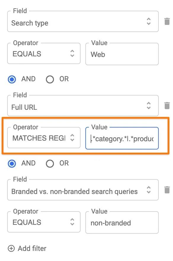 Supermetrics sidebar Full URL regex filtering