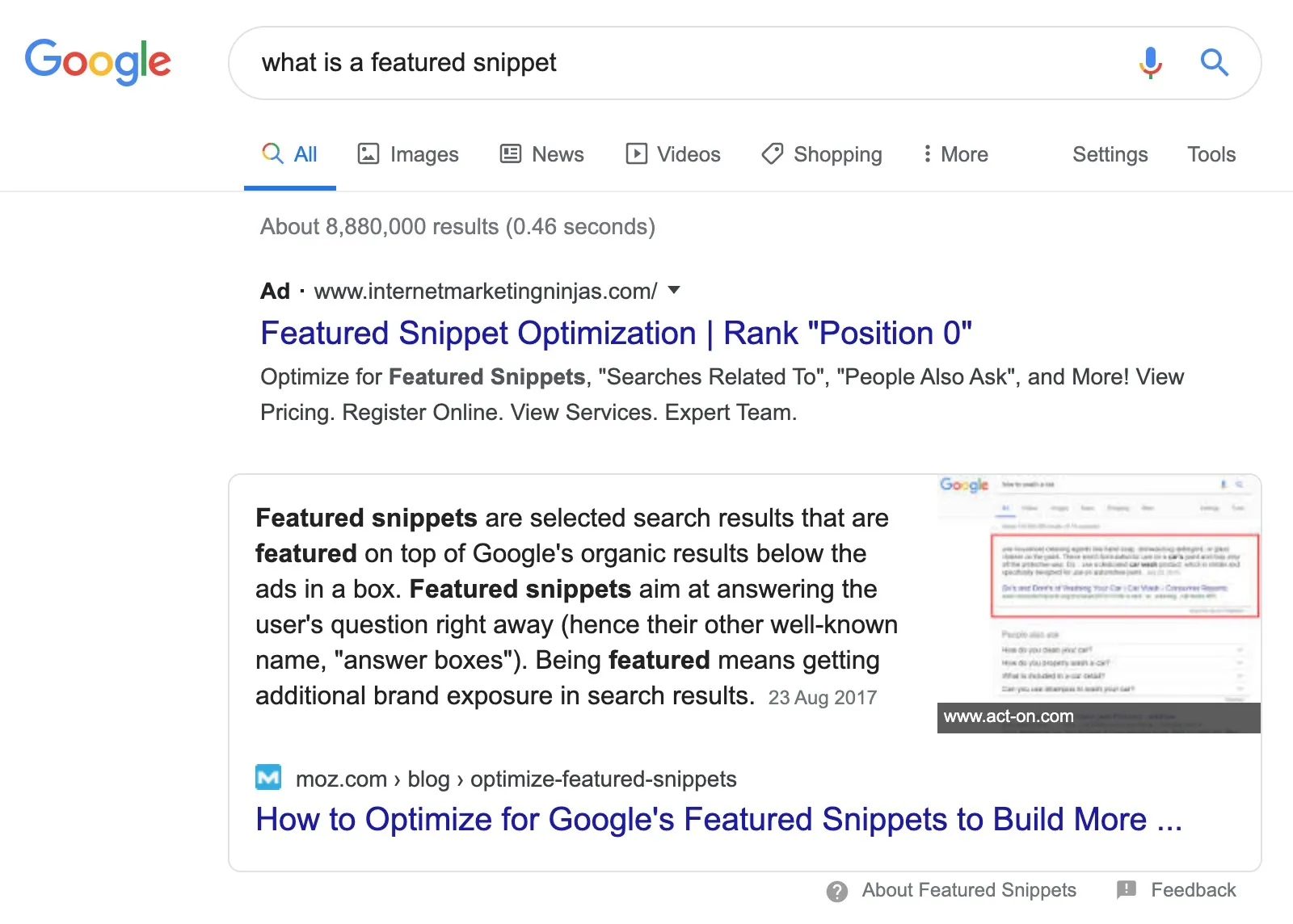 ‘what is a featured snippet’ SERP