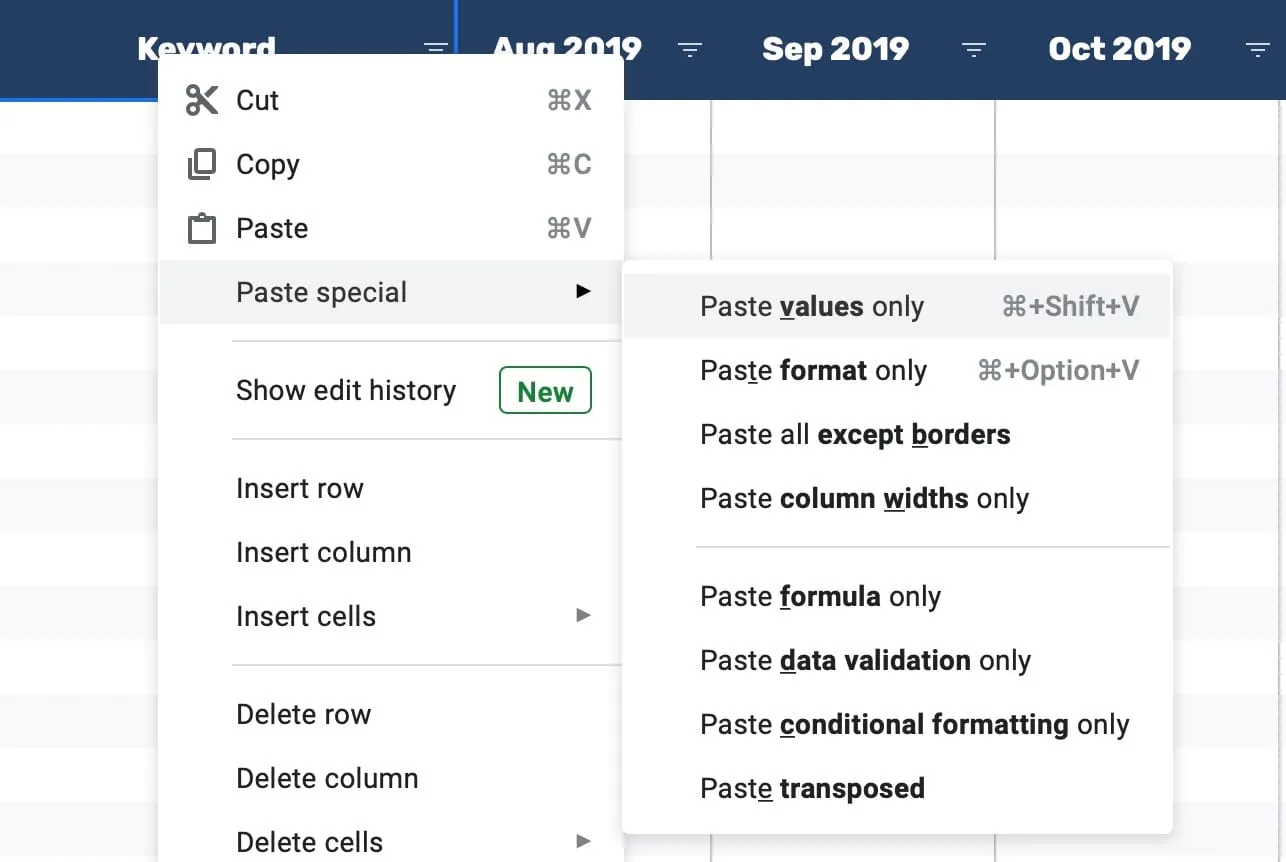 Google Sheets right-click menu open on the seasonality sheet with Paste special and Paste values only selected