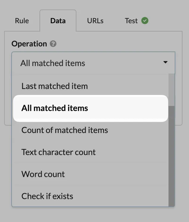Sitebulb Data tab with the Operation dropdown set to All matched items