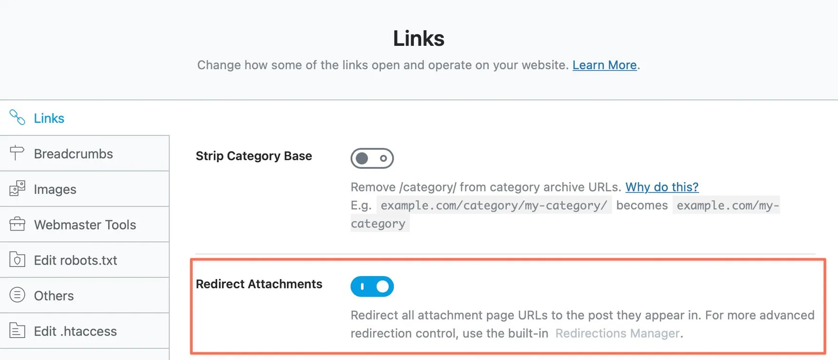 RankMath Links settings with the Redirect Attachments option switched on and highlighted