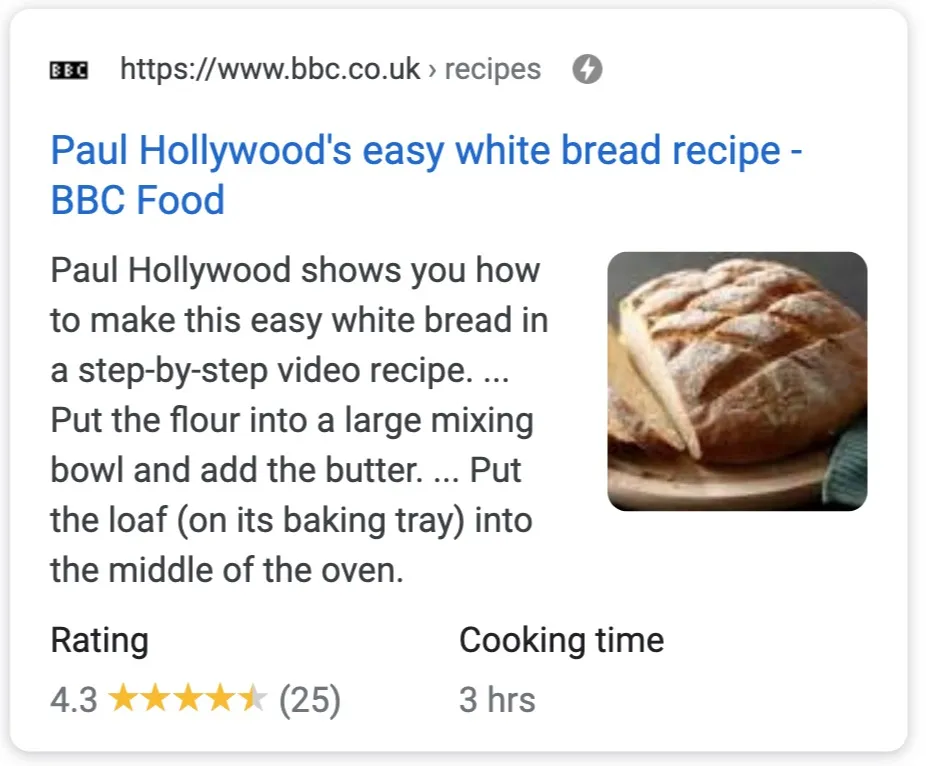 BBC Food recipe result for Paul Hollywood’s white bread showing a loaf photo, a 4.3 star rating from 25 reviews and a 3 hour cooking time