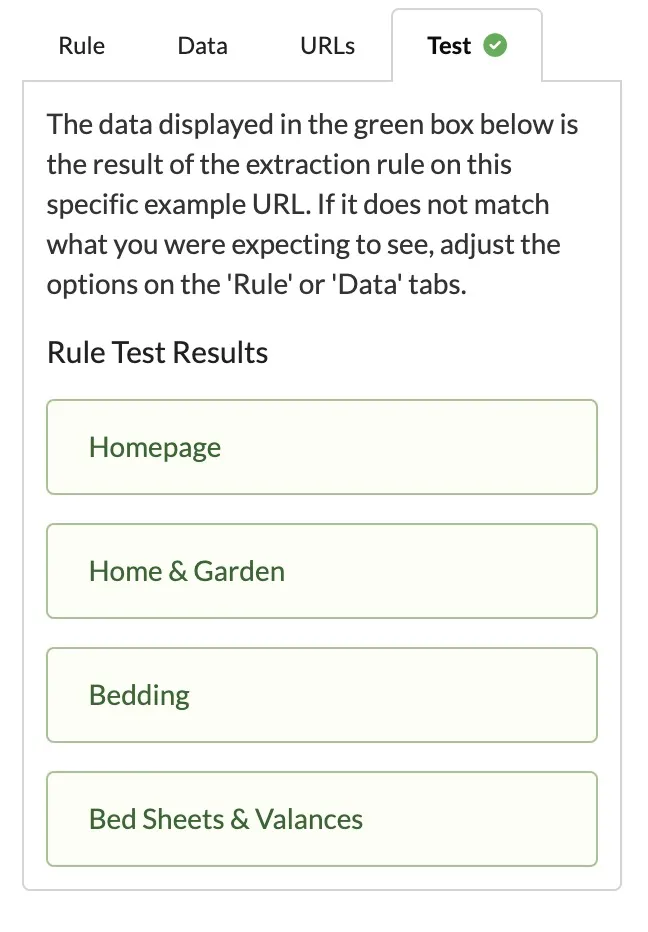 Sitebulb Test tab returning all four breadcrumbs: Homepage, Home and Garden, Bedding, and Bed Sheets and Valances