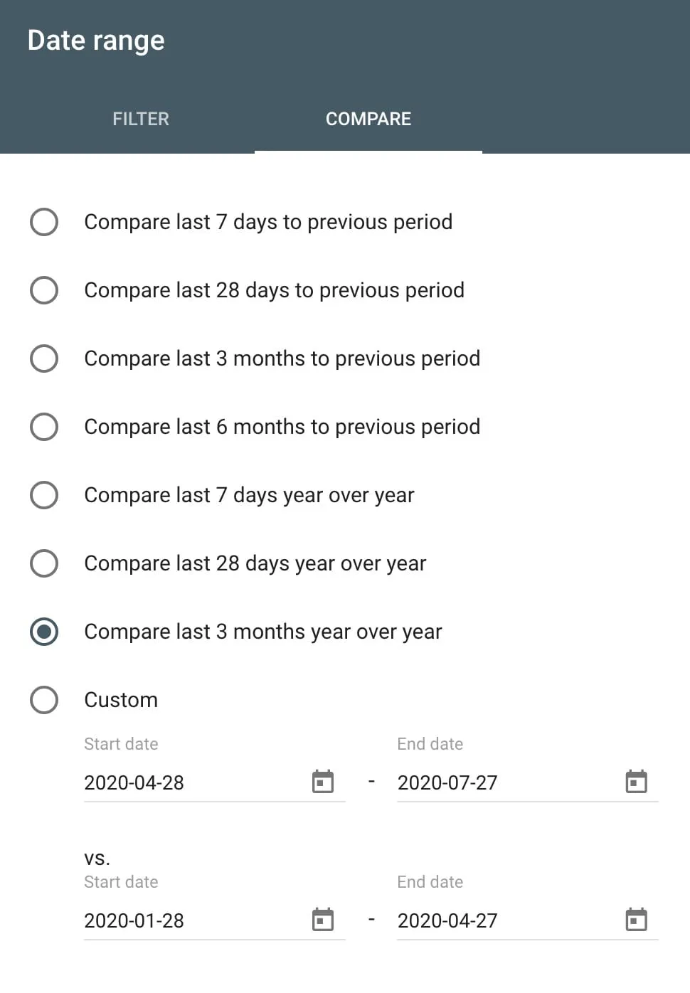 Search Console date range comparison with ‘Compare last 3 months year over year’ selected