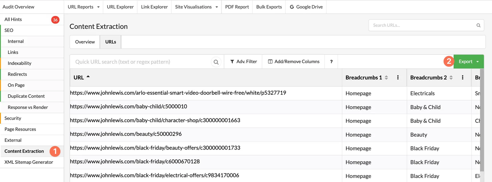 Sitebulb Content Extraction URL report listing John Lewis URLs with breadcrumb columns, marking the sidebar link and the Export button