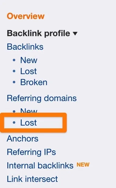 Ahrefs Site Explorer sidebar with the Lost link under Referring domains highlighted