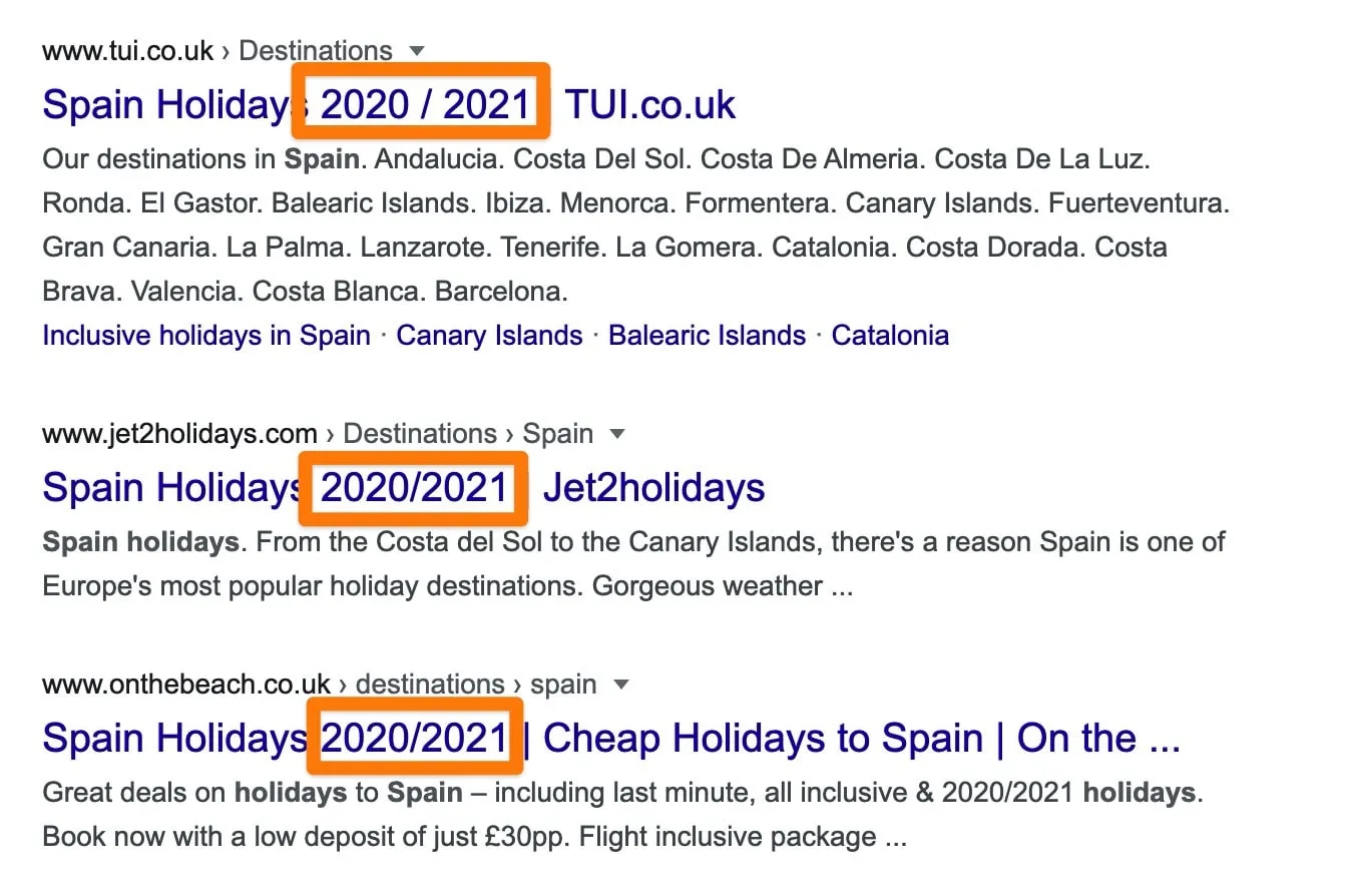 Google results for Spain holidays where TUI, Jet2holidays and On the Beach all include 2020/2021 in their page titles