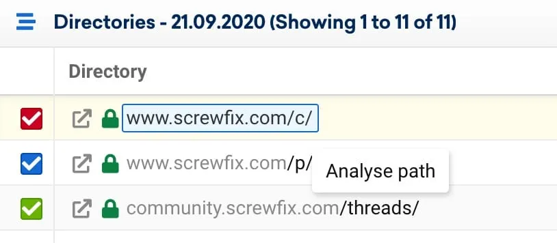 Sistrix directories table with www.screwfix.com/c/ selected and the ‘Analyse path’ option showing