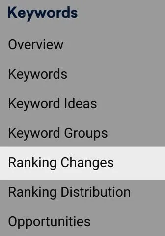 Sistrix sidebar Keywords menu with Ranking Changes highlighted