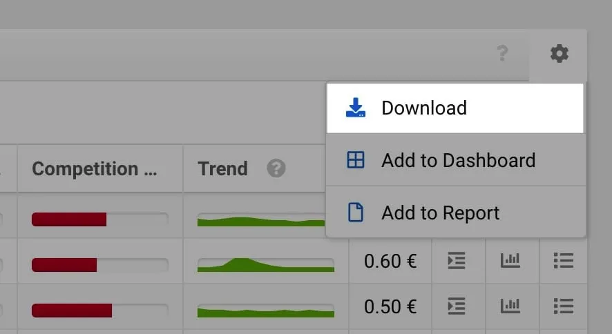 Sistrix table settings menu with the Download option highlighted