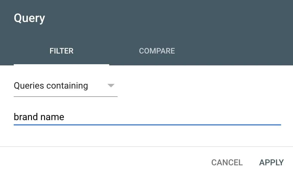 Search Console query filter set to ‘Queries containing’ the brand name