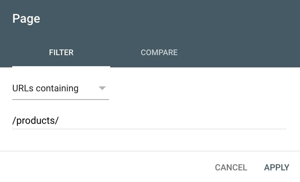Search Console page filter set to ‘URLs containing’ /products/