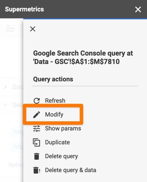Supermetrics sidebar for the Google Search Console query on the Data - GSC tab, with the Modify action highlighted