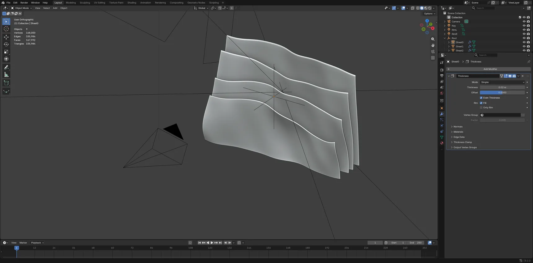 Blender viewport showing four curved grey sheets arranged in layers, with camera and light outlines around them.