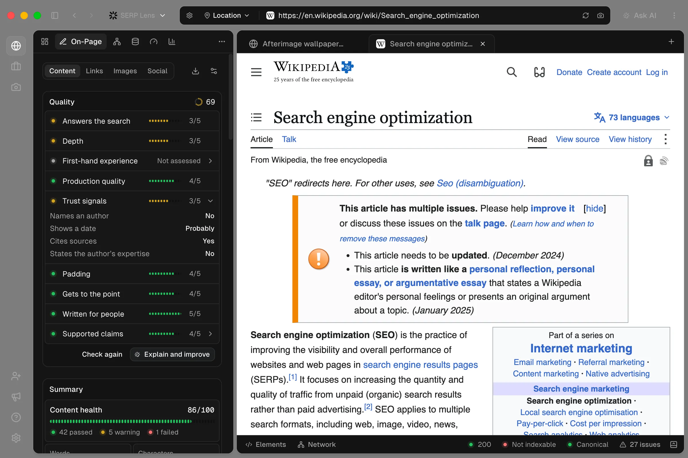 SERP Lens beside Wikipedia’s “Search engine optimization” article. Quality score: 69. Trust signals is expanded: names an author, No; shows a date, Probably; cites sources, Yes; states the author’s expertise, No. Other visible rows show scores from 3/5 to 5/5.