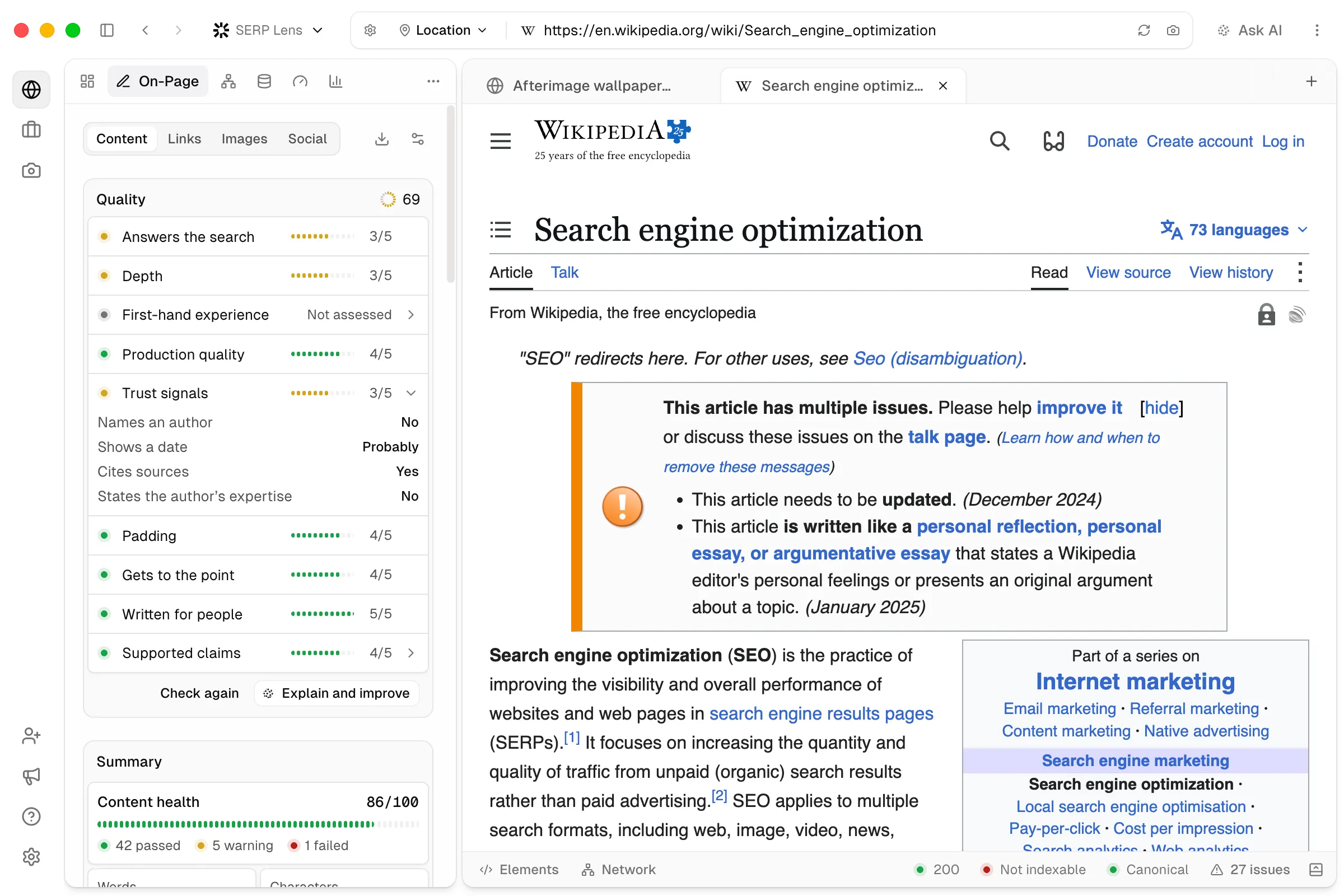 SERP Lens beside Wikipedia’s “Search engine optimization” article. Quality score: 69. Trust signals is expanded: names an author, No; shows a date, Probably; cites sources, Yes; states the author’s expertise, No. Other visible rows show scores from 3/5 to 5/5.