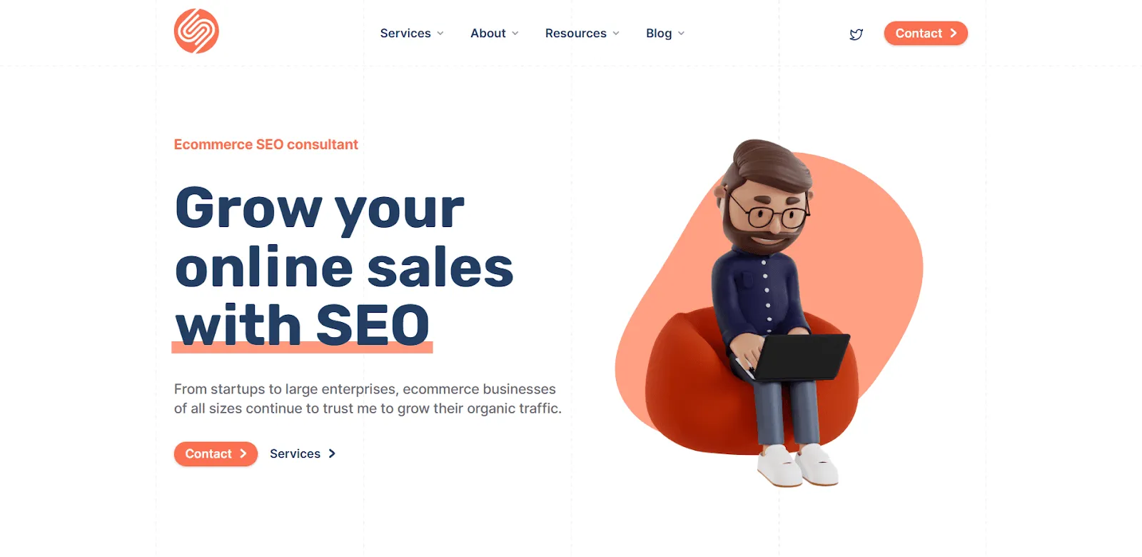 Homepage with the heading “Grow your online sales with SEO” beside a bearded character wearing glasses, seated in a coral chair with a laptop.