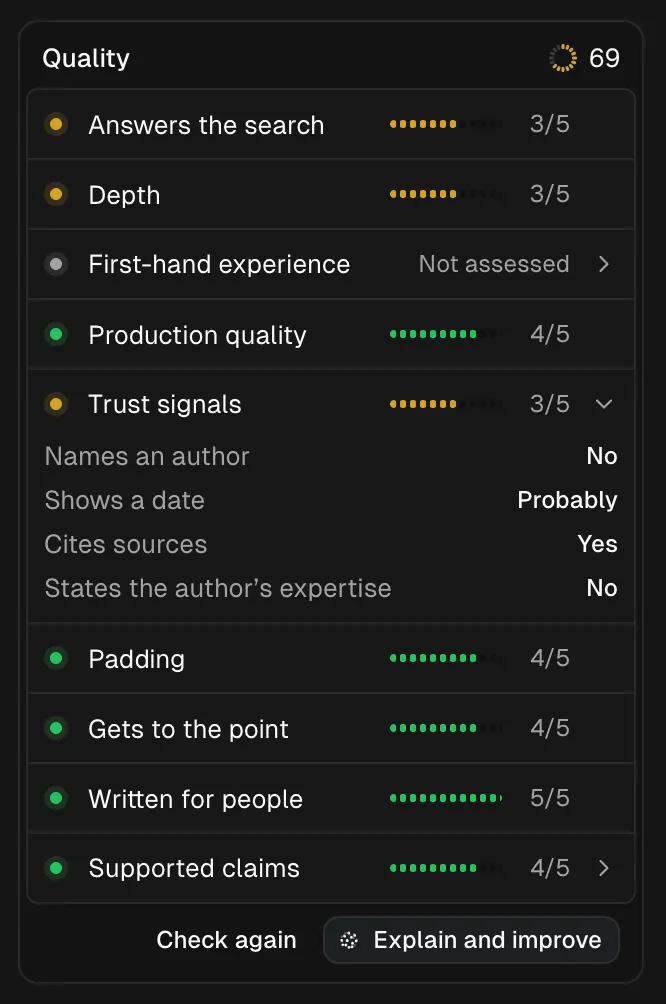 SERP Lens’s Quality panel for Wikipedia’s “Search engine optimization” article. Quality score: 69. Answers the search 3/5, Depth 3/5, Production quality 4/5, Trust signals 3/5, Padding 4/5, Gets to the point 4/5, Written for people 5/5, Supported claims 4/5; First-hand experience is not assessed. Trust signals is expanded: names an author, No; shows a date, Probably; cites sources, Yes; states the author’s expertise, No.