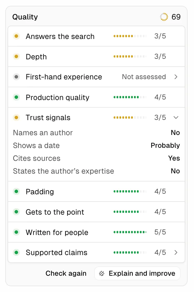 SERP Lens’s Quality panel for Wikipedia’s “Search engine optimization” article. Quality score: 69. Answers the search 3/5, Depth 3/5, Production quality 4/5, Trust signals 3/5, Padding 4/5, Gets to the point 4/5, Written for people 5/5, Supported claims 4/5; First-hand experience is not assessed. Trust signals is expanded: names an author, No; shows a date, Probably; cites sources, Yes; states the author’s expertise, No.