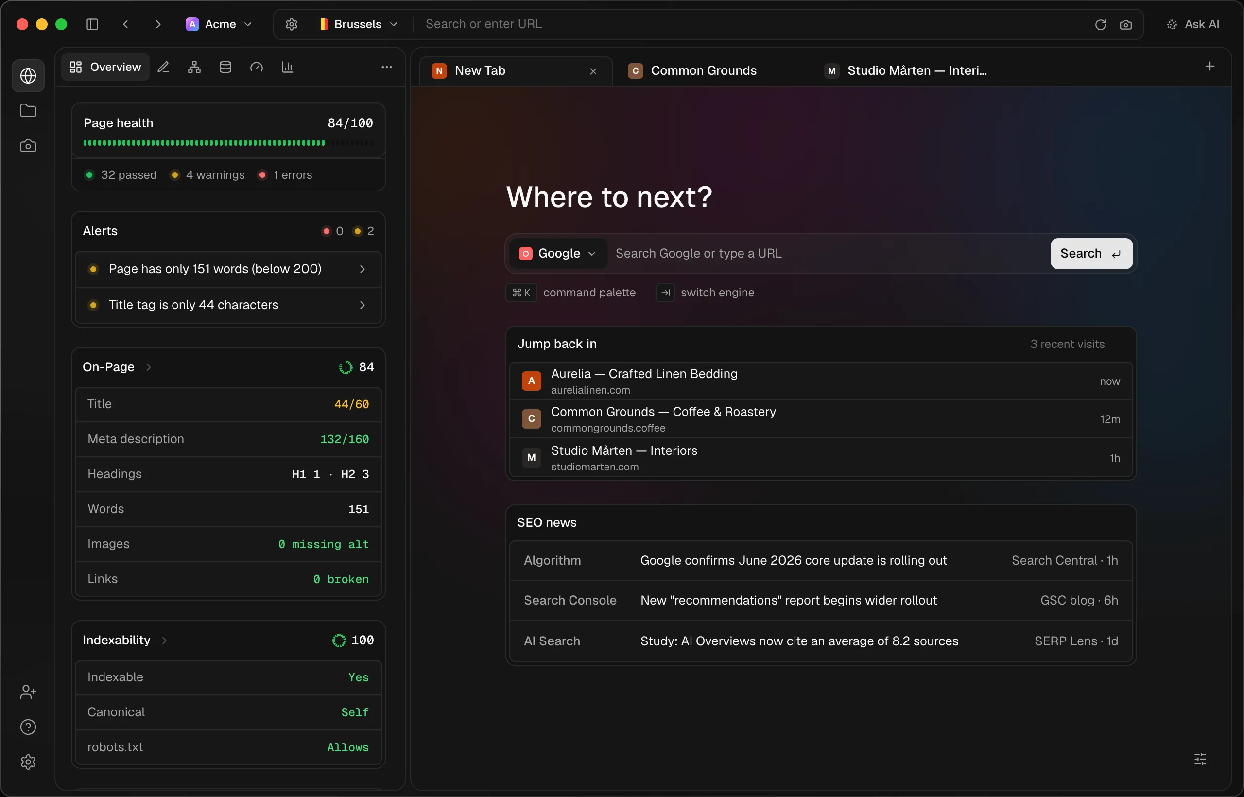 SERP Lens showing a page health audit beside a new tab
