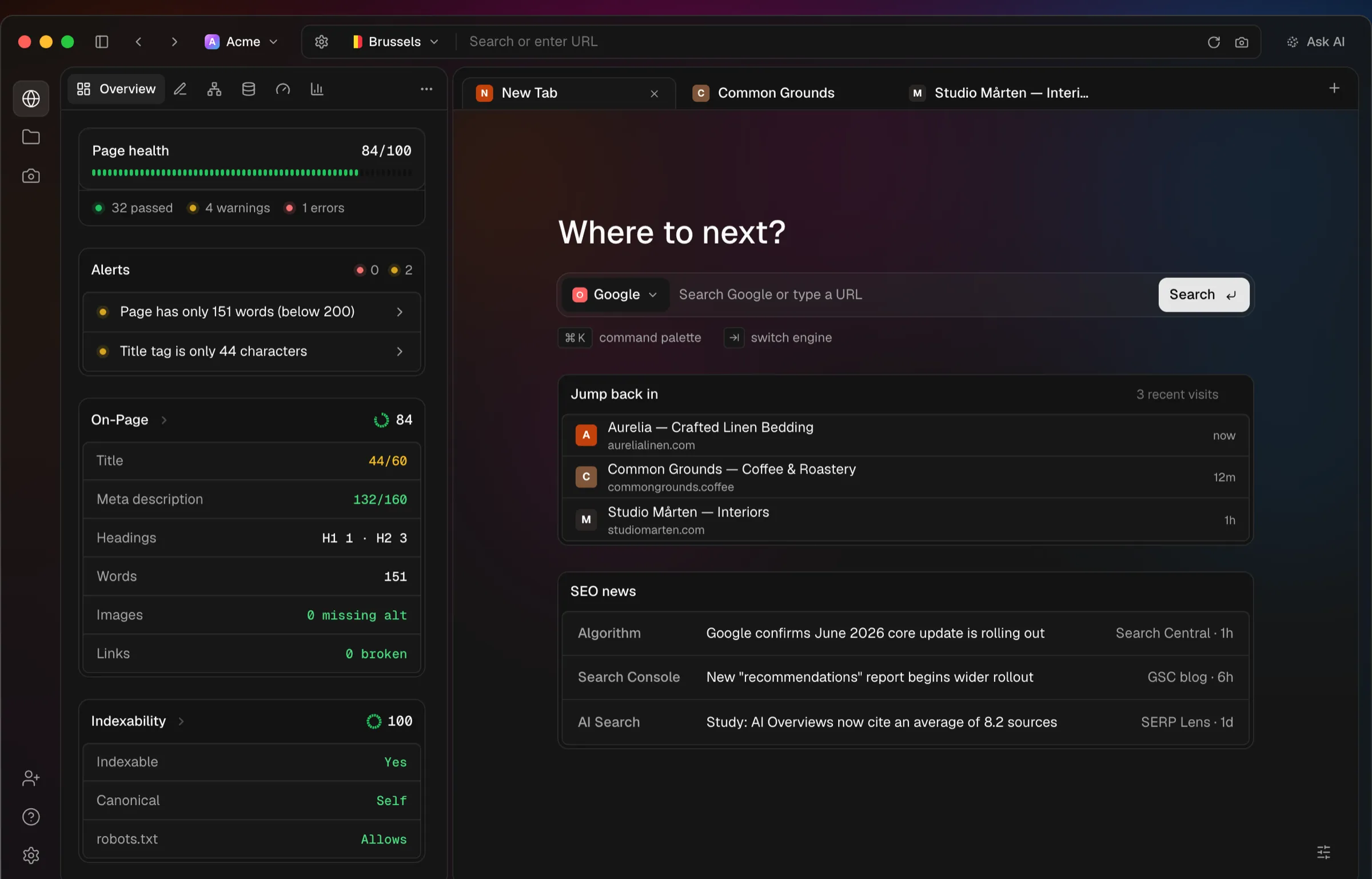 SERP Lens showing a page health audit beside a browser tab