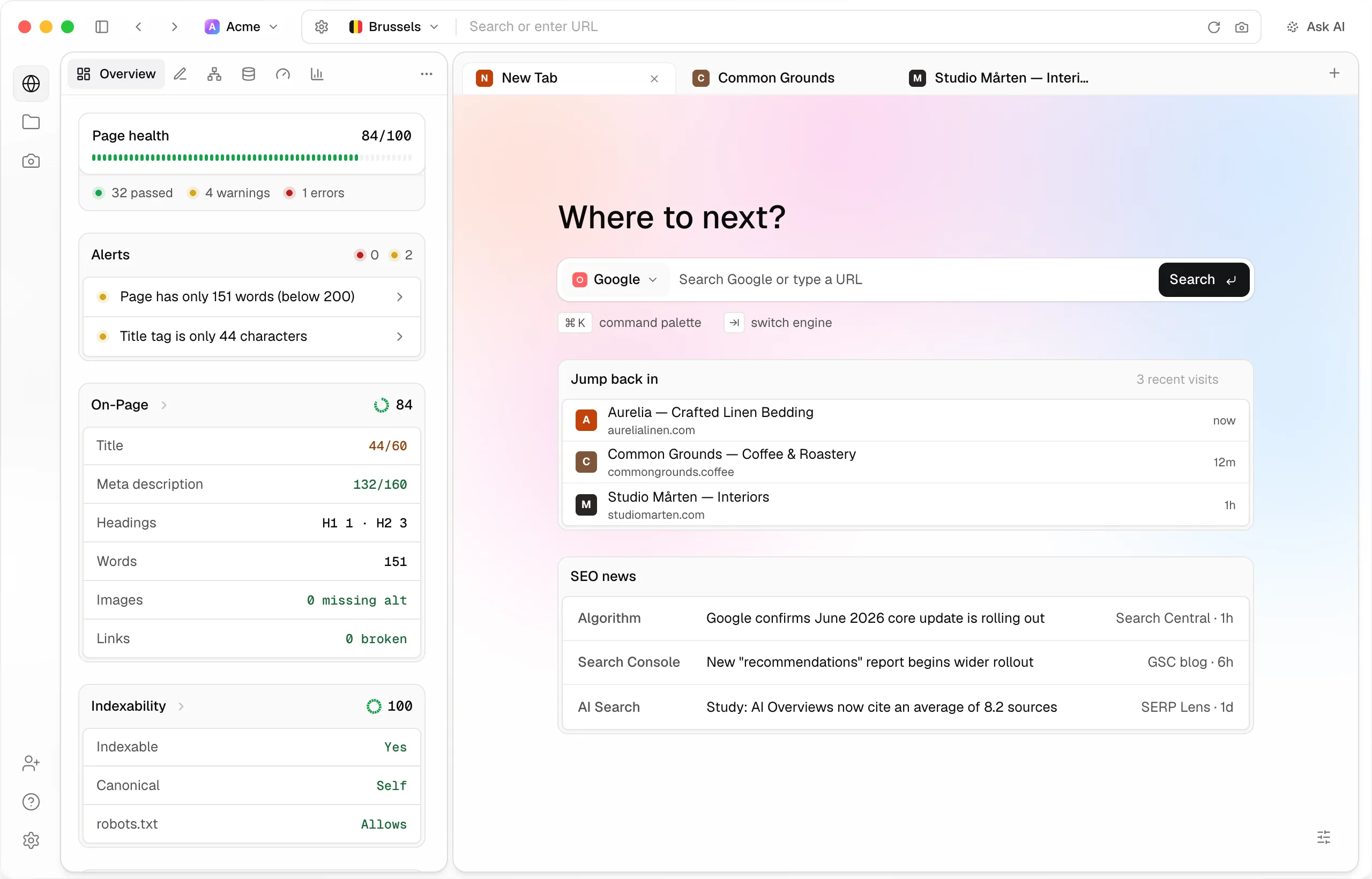 SERP Lens showing a page health audit beside a new tab