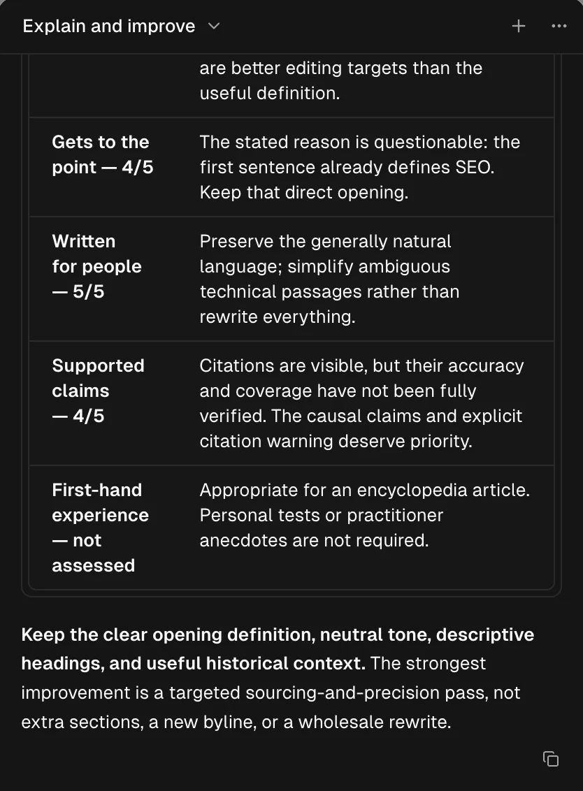 “Explain and improve” table: Gets to the point 4/5, Written for people 5/5, Supported claims 4/5; First-hand experience not assessed. The response recommends keeping the clear opening definition and improving sourcing and precision.
