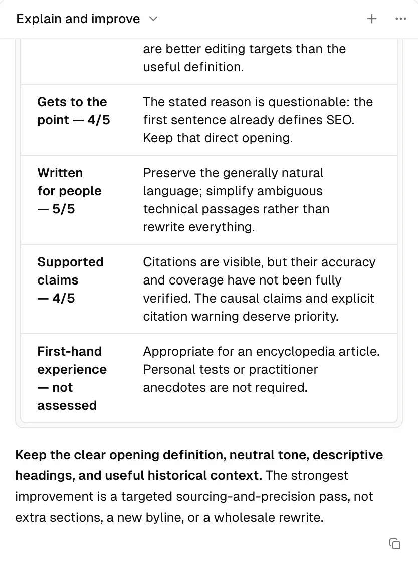 “Explain and improve” table: Gets to the point 4/5, Written for people 5/5, Supported claims 4/5; First-hand experience not assessed. The response recommends keeping the clear opening definition and improving sourcing and precision.