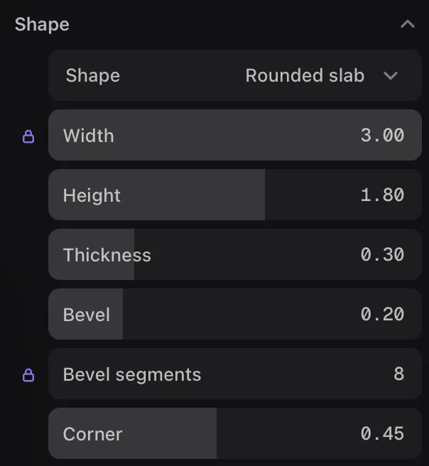 Shape panel with Rounded slab selected and controls for width, height, thickness, bevel, bevel segments and corner.