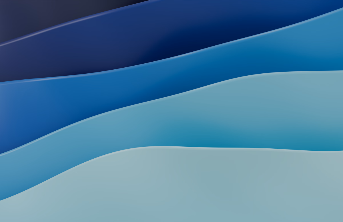 Broad blue and turquoise ribbons overlap in gentle waves, with pale edges against a dark blue background.